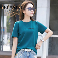 F1MAJE1T高端設(shè)計師品牌棉短袖T恤女士圓領(lǐng)夏季薄款寬松顯瘦刺繡半袖體恤 孔雀藍(lán)801 L 【建議體重100-110斤】