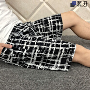 斐升 夏季男士綿綢人造棉大褲衩沙灘褲家居褲加肥加大碼短褲睡·褲 新格子條 3XL (建議體重130-160斤)
