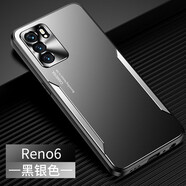 奧凱羅 OPPO Reno6手機殼reno6金屬保護套Reno6攝像鏡頭全包磨砂防摔款 OPPOReno6 5G黑銀色 升級版鏡頭全包配鋼化貼膜