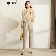 QIYUN 毛呢褲子女秋冬新款顯瘦高腰哈倫褲直筒加厚煙管蘿卜休閑褲 駝色 S
