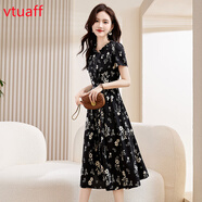 VTUAFF連衣裙女夏季2024新款高級感中長裙氣質(zhì)修身顯瘦洋氣翠花雪紡裙子 黑色 3XL