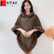 LUCALY斗篷披肩女秋冬款加絨斗篷披肩女短款秋冬季仿皮草時尚豹紋版加厚保暖披風(fēng)大衣 卡其千鳥格 均碼