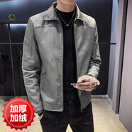 傲列皮夾克男士皮衣外套新款青年潮流修身翻領(lǐng)大碼PU皮機(jī)車服外套 PU10/綠色加絨 M/適合105斤以下穿