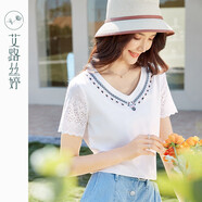 艾路絲婷刺繡鏤空短袖T恤女2022春裝新款V領時尚典雅氣質寬松上衣31507 白色 M