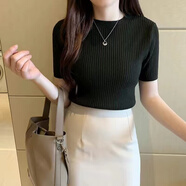 珞妮針織衫短袖t恤女春夏季新款修身套頭內搭短款上衣女圓領打底衫 黑色 M 建議100斤以下