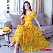 小個(gè)子女人夏天穿的中長(cháng)連衣裙夏天年新款中年大擺長(cháng)裙氣質(zhì)顯瘦碎花顯瘦長(cháng)款過(guò)膝連衣裙女 黃色【版】 L【建議105-115斤】