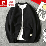 皮爾卡丹（pierre cardin）春秋日系復古針織開衫男士圓領加絨加厚毛衣外套韓版潮流男裝線衣 【加】黑色 厚款 L 175135斤-150斤