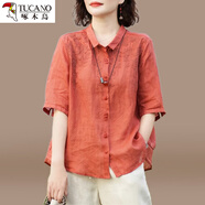 啄木鳥(niǎo)女士棉麻襯衫2024夏季薄款中年媽媽半袖高端天絲亞麻苧麻上衣品牌 紅色【今年流行別致漂亮上衣歐貨 3XL(建議125-140斤)