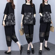 LGXP大碼女裝夏季胖mm新款 套裝韓版顯瘦遮肚子寬松七分褲減齡兩件套 黑色【套裝】 6XL 205-280