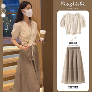 雅黛絲薇連衣裙夏季女裝2025新款高級感氣質(zhì)顯瘦法式襯衫長(cháng)裙子夏天套裝裙 杏色上衣+卡其裙子 L