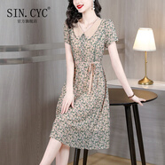 SIN.CYC短袖娃娃領(lǐng)連衣裙女夏季年夏裝時(shí)尚修身顯瘦碎花 綠色 2XL [116-125斤]