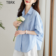 TBRKTBRK品牌女裝 燈籠袖全棉短袖襯衫女夏新款寬松通勤休閑遮肉襯衣 淺藍(lán)色短袖 M