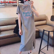 LOVER RUCCI純棉短袖t恤裙女2025夏季新款中長(zhǎng)款寬松過(guò)膝長(zhǎng)裙卡通時(shí)尚連衣裙 灰色(粉底字母款) XL