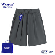 WASSUP HERMU短褲男夏季潮流舒適小西褲寬松百搭五分褲透氣紐扣外穿男士中褲 灰色 2XL （建議150-165斤）
