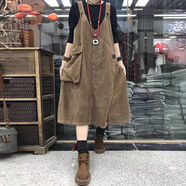 婷婉美2023春秋燈芯絨背帶裙女寬松中長(cháng)款斜襟文藝復古顯瘦條絨 咖啡色 S 90~105斤