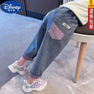 迪士尼（DISNEY）品牌女童春秋牛仔褲23款韓版時(shí)髦女寶寶外穿長(zhǎng)褲兒童寬松休閑褲子 紫色兜牛仔褲(高品質(zhì)) 140