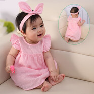 多拉麥格嬰兒連體衣夏季新生兒滿(mǎn)月公主裙三角哈衣女寶寶百天短袖拍照禮服 粉色哈裙+發(fā)帶 59cm 50碼 建議0-3個(gè)月