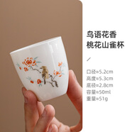 羊脂玉花鳥品茗杯主人杯中式陶瓷茶杯茶碗功夫茶具套裝白瓷小茶盞 鳥語花香_桃花山雀圖 無規(guī)格