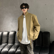 QGF美式高街墊肩外套男士女春秋季新短款痞帥潮牌裝上衣服高級感夾克 卡其色 L [建議100-110斤]