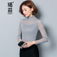 瑤益蕾絲打底衫女2025春夏季彈力半高領(lǐng)純色長袖空調(diào)紗衣網(wǎng)紗拼接上衣 灰色 M