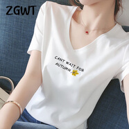 ZGWT輕奢高檔品牌精品V領(lǐng)短袖T恤女夏季新款時(shí)尚百搭半袖上衣 V領(lǐng) 【白色CANIWFOR葉 】 L (105-115斤)
