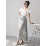 junfangya中國(guó)風(fēng)水墨畫(huà)印花半身裙女春夏新款復(fù)古氣質(zhì)高腰a字大擺裙中長(zhǎng)款 咖花 S