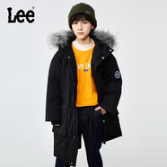Lee大毛領(lǐng)連帽厚款保暖防風(fēng)羽絨服兒童冬季保暖中長款潮男童女童外套 黑色 140