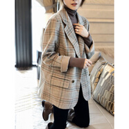 miss nitaly 格子毛呢小西裝外套女秋冬新款寬松復古西服百搭羊毛呢子絨大衣 杏色格子 S 適合90-105斤