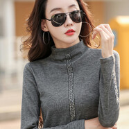 谷卓詩(shī) 半高領(lǐng)加厚打底衫女秋冬長(cháng)袖新款水鉆裝飾內搭保暖中領(lǐng)修身上衣 灰色 2XL