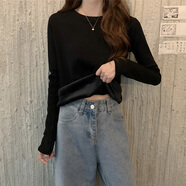 獅立頓德絨打底衫女加絨加厚秋冬洋氣百搭長袖內(nèi)搭保暖上衣修身純色t恤 黑色【圓領德絨】 M
