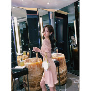 韩语琳V领雪纺连衣裙2021新款春夏装修身短裙女装不规则短袖裙子 粉色 S