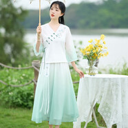 妖妮旗袍漢服女成人年輕日常2025夏裝新中式國(guó)風(fēng)棉麻雪紡裙兩件套6353 白上衣綠色裙 2XL (建議體重115-125斤）