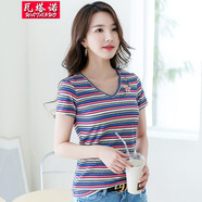 瓦塔諾（WA TA NUO）V領(lǐng)條紋t恤女裝時(shí)尚甜美上衣短袖夏天新款修身女士體恤衫內(nèi)搭衣服 藍(lán)色 S(80-95斤)