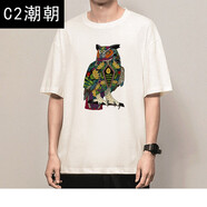 C2潮朝極學(xué)式 純棉貓頭鷹圖案T恤頭像鳥類動(dòng)物藝術(shù)印花情侶簡(jiǎn)筆五分袖衣服 【純棉】白色 7426 貓頭鷹 XL碼（140-155斤）