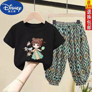 迪士尼（Disney）女童套裝2023夏裝新款兒童衣服純棉T恤半袖女寶寶短袖長(cháng)褲兩件套 古風(fēng)女孩 黑色t+民風(fēng)褲 130 【身高120-130CM】