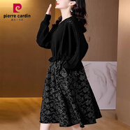 皮爾卡丹（pierre cardin）假兩件針織碎花連衣裙女2023秋冬新款氣質(zhì)配大I衣的內(nèi)搭毛衣裙 黑色 3XL