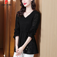 皮爾卡丹（pierre cardin）中長(cháng)款蕾絲打底衫女士2025新款秋裝時(shí)尚洋氣長(cháng)袖上衣秋季 黑色 3XL 【160-180斤】