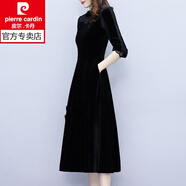 皮爾卡丹女裝真絲絨長袖連衣裙女早秋裝2025新款氣質(zhì)高貴顯瘦內(nèi)搭 黑色 M