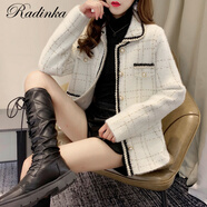 Radinka2025春秋新款韓版仿水貂毛小香風(fēng)外套女復古短款寬松格子上衣LTM 白色格子  L 建議110-120斤