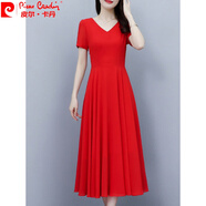 皮爾卡丹（pierre cardin）時尚休閑雪紡連衣裙女2024夏季新款高腰修身顯瘦中青年MM大擺長裙 紅色 L