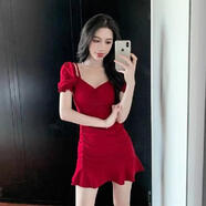 月袖性感一字領(lǐng)連衣裙修身泡泡袖褶皺包臀吊帶裙子氣質(zhì)小個(gè)子短裙女夏 紅色 XL