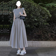 樂芬蘭（LeFenLan）赫本風(fēng)連衣裙女裝2025夏季新款衣服氣質(zhì)顯瘦高端簡約收腰長裙子女 灰色【送腰帶】 M