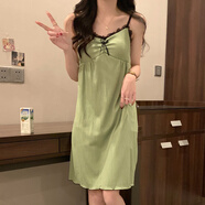 夢(mèng)動(dòng)吊帶睡裙女夏季梭織棉帶胸墊女士學(xué)生性感花邊杏色家居服睡衣裙子 吊帶裙D2227花邊綠色帶胸墊 165(L)