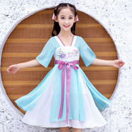 卡瓦拉女童連衣裙中大兒童中國風(fēng)漢服紗裙子夏裝2022飄逸公主裙韓版小女孩短袖仙氣泡泡袖刺繡甜美蓬蓬裙 藍(lán)色絲帶款 140碼（建議身高135cm）