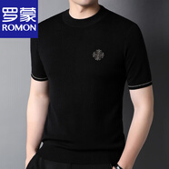 羅蒙（ROMON）冬季加厚針織短袖男羊.毛衫T恤潮流刺繡半袖毛衣大碼保暖體恤上衣 黑色 6602圓領(lǐng) M/165