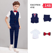 鼎瑪仕兒童西服套裝男童小西裝中大童主持人花童禮服小孩鋼琴演出服外套 中藍(lán)橘格馬甲短袖長褲4件套 130碼 身高120-130cm 重46-50斤