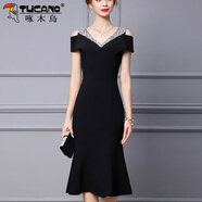 啄木鳥(niǎo)（TUCANO）感時(shí)尚洋氣連衣裙女2025新款夏露肩短袖釘鉆中長(cháng)款修身魚(yú)尾裙 黑色 S s 建議95斤以下