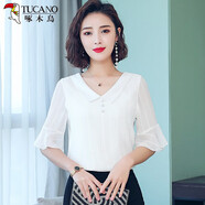啄木鳥雪紡襯衫女夏季2023年新款時尚喇叭短袖優(yōu)雅氣質修身百搭顯瘦小衫 白色 S 80-95斤