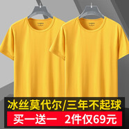 戰(zhàn)浩【2件】冰絲莫代爾棉短袖t恤男夏季青年薄純白色打底衫圓領(lǐng)半袖體 黃色+黃色 2XL 建議【150-165斤】
