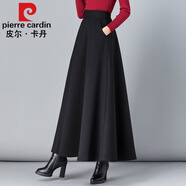 皮爾卡丹高檔品牌女裝2022秋冬毛呢格子半身裙女百搭高腰A字裙中長款加厚顯瘦長裙 純黑色 XL